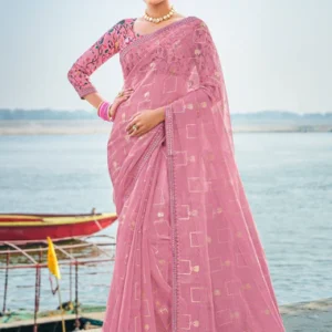 Light Peach Kota Doriya Saree with Elegant Lace Border – Parampara