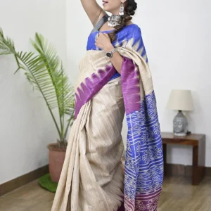 Beige Color Pure Raw Silk Solid Sambalpuri Handloom Saree