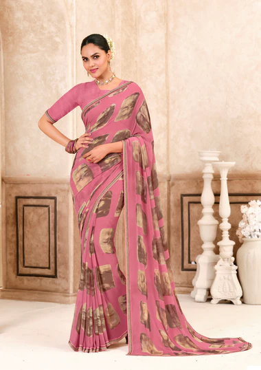 Baby Pink Georgette Saree with Graceful Lace Border - Kitkat