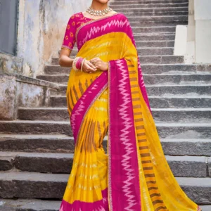 Ready to Wear Yellow Zing Zang Stripe Chiffon Saree – Parampara