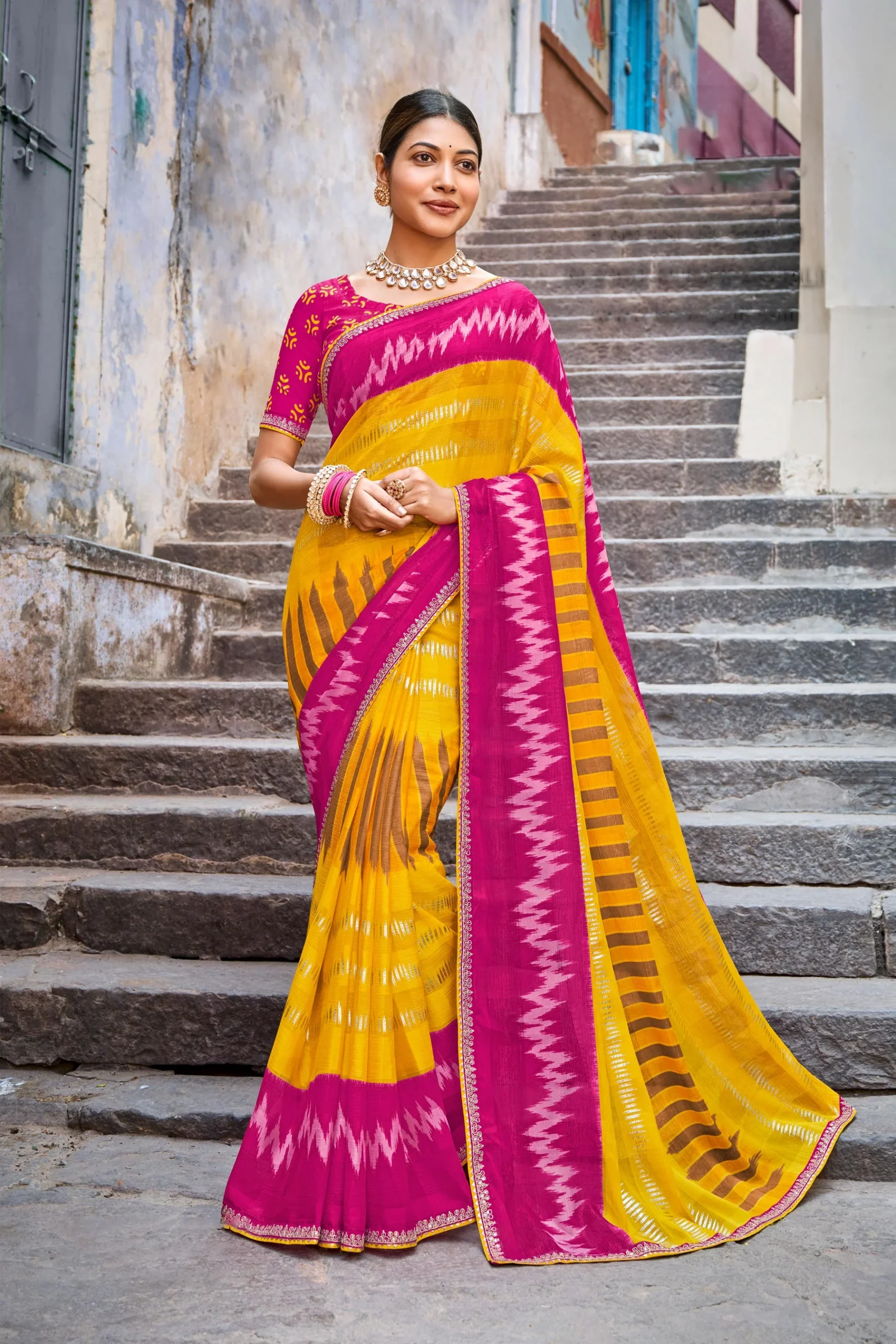 Ready to Wear Yellow Zing Zang Stripe Chiffon Saree – Parampara