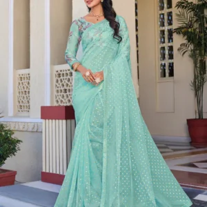 Baby Blue Chiffon Floral Printed Saree – Elegant, Lightweight & Stylish- Rang Panchami