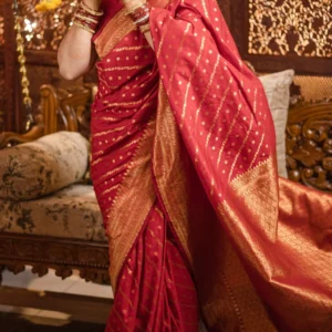 Red Maroon Color Leheriya - Banarasi Silk Saree with Richness of Golden Zari