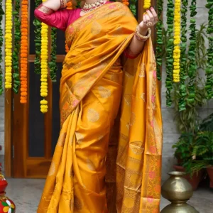 Mustard Yellow Color Handloom Pure Banarasi Silk Saree.