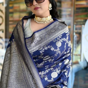 Royal Blue Silk Woven Banarasi Silk Saree With Meena Work and Gold Zari