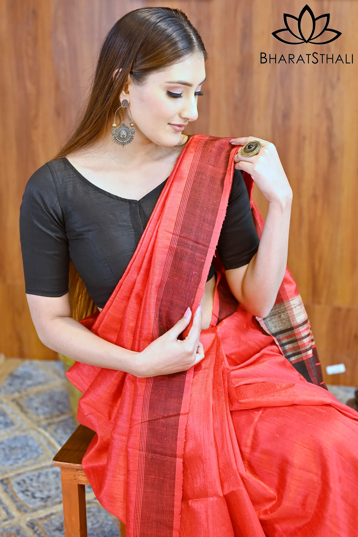 Red And Black Pure Raw Silk Handloom Saree